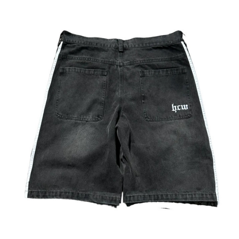 Men's Short Y2K Denim Shorts Mens Womens HCW Striped Embroidery Retro Loose Summer Shorts Harajuku Hip Hop Casual Gym Shorts Streetwear New