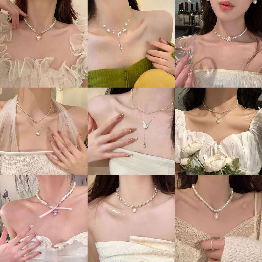 French Style Pearl Choker Necklace for Women, Light Luxury Niche Design, Heart Clavicle High-end Sweater Chain, Elegant