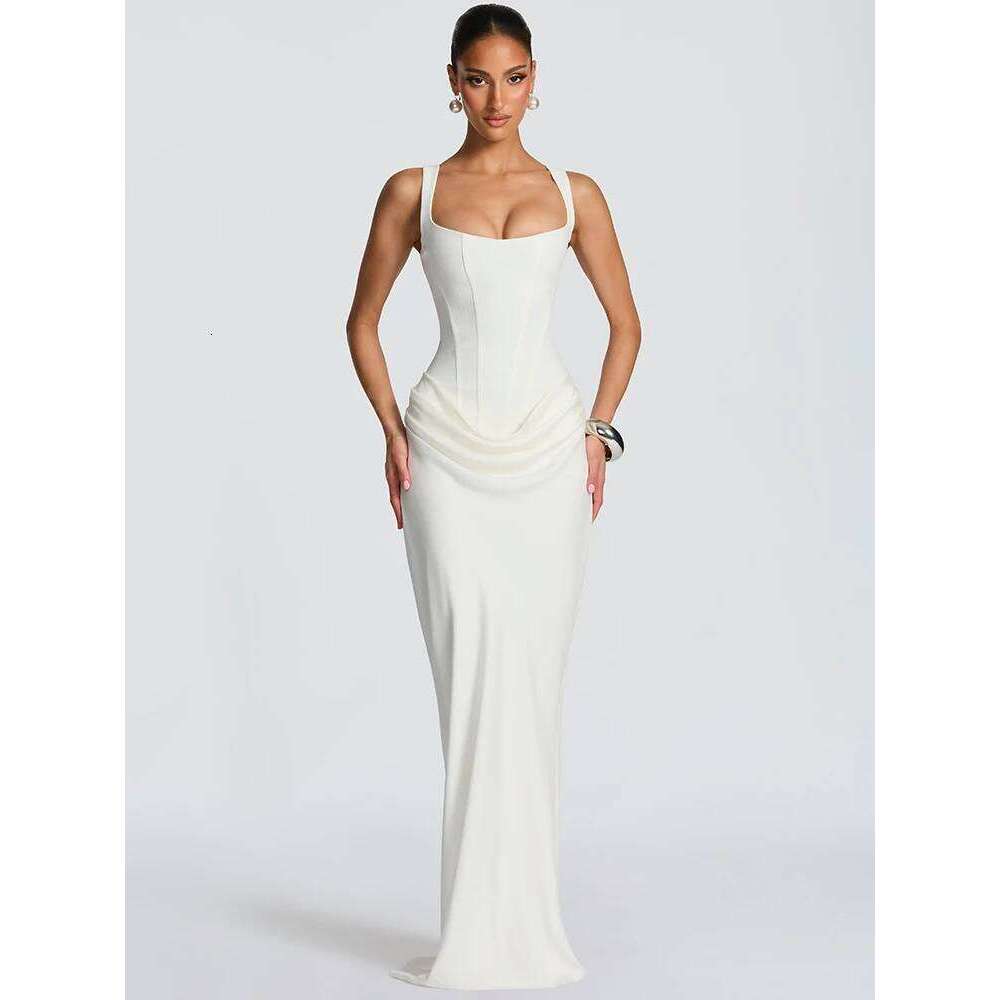 Mozision Elegant Backless Sexy Maxi Dress Women Gown Fashion Square Collar Sleeveless Skinny Ruched Club Party Long Dresses