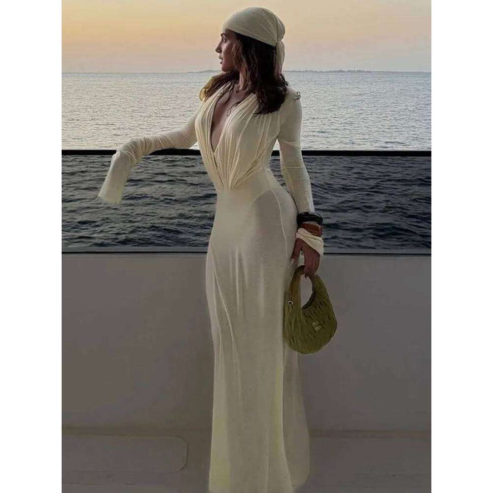 Mozision Deep Vneck Elegant Maxi For Women Autumn Bodycon Long Sleeve High Waist Slim Sexy Patchwork Club Party Dress