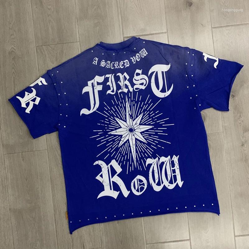 Men's T Shirts Vintage Trend FIRST ROW T-shirt Streetwear Brand Diamond Patchwork Neckline Short-sleeve T-shirts