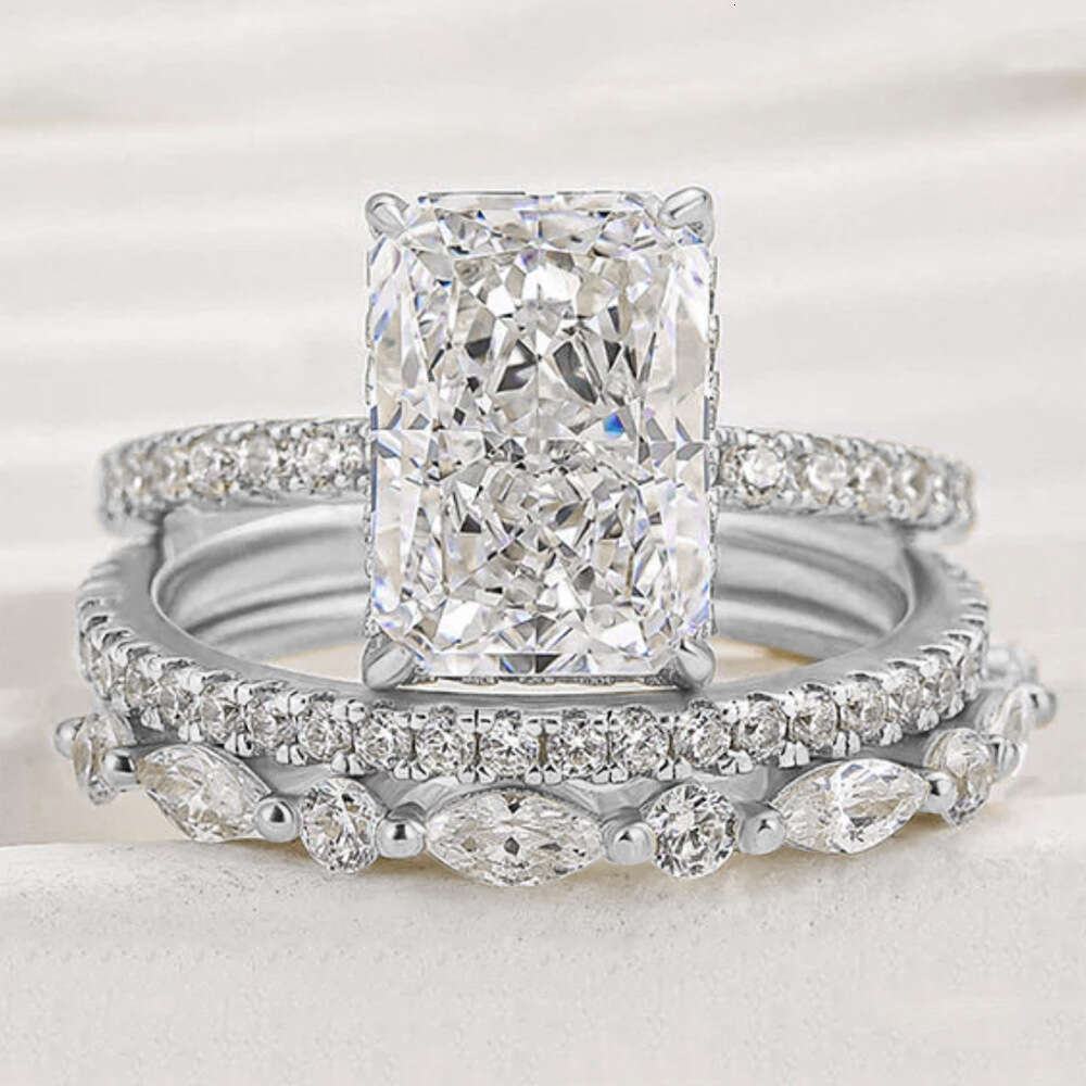 S925 Sterling Silver Super Sparkling Ice Flower Cut Zircon European And American Cross-Border High-Quality Light Luxury Ins Style Ring Set