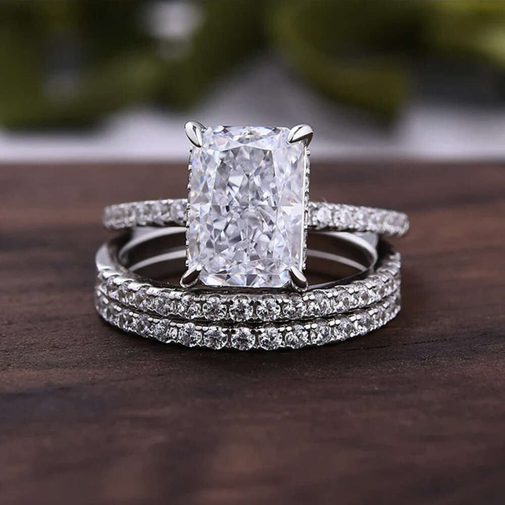 S925 Sterling Silver Super Sparkling Ice Flower Cut Zircon European And American Cross-Border High-Quality Light Luxury Ins Style Ring Set