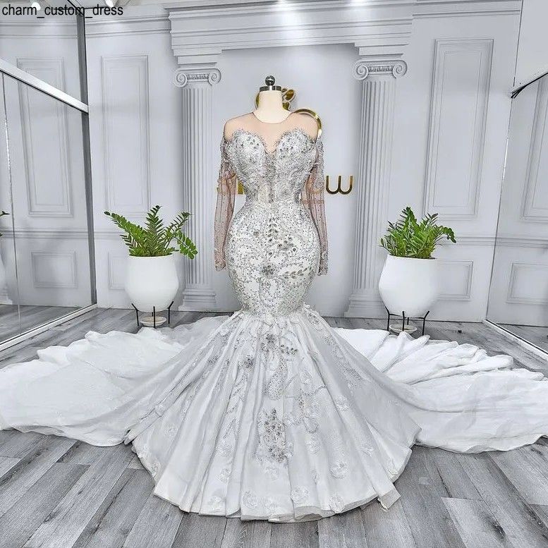Dubai Arabic Crystal Beading Mermaid Wedding Dress Plus Size Sheer Neck Long Sleeves Bridal Gowns Formal Church Chapel Train Nigeria African Vestidos