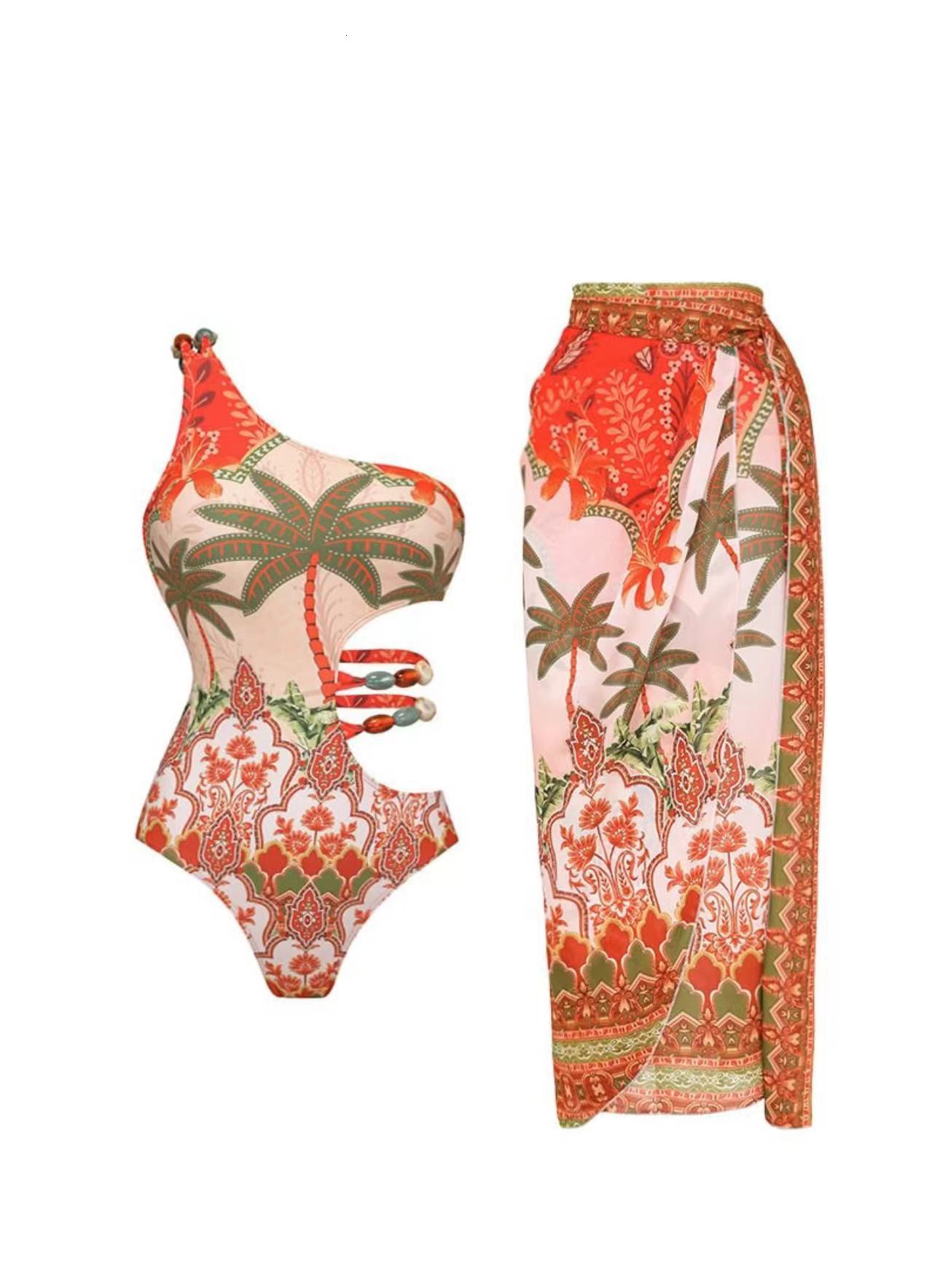 Coconut Tree Sexy Bikini One-Piece Swimsuit for Women One-Shoulder Backless Set Beachwear Push-Up Conservative Tummy Covering