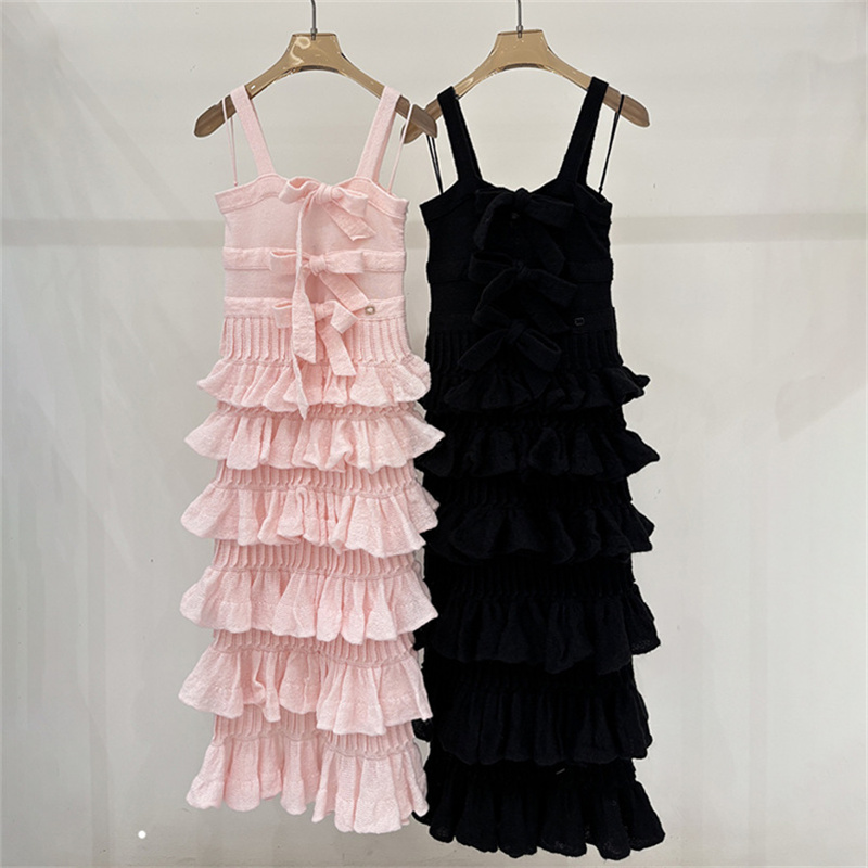 Luxury Women Tiered Dress Solid Bow Decorate Sling Dress Dinner Party Charming Sweet Style Dress