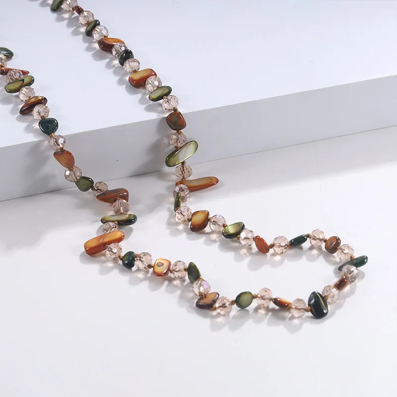 Minar Bohemian Multicolor Irregular Natural Stone Shell Crystal Glass Beads Beaded Necklace for Women Long Strand Sweater Chain 260106