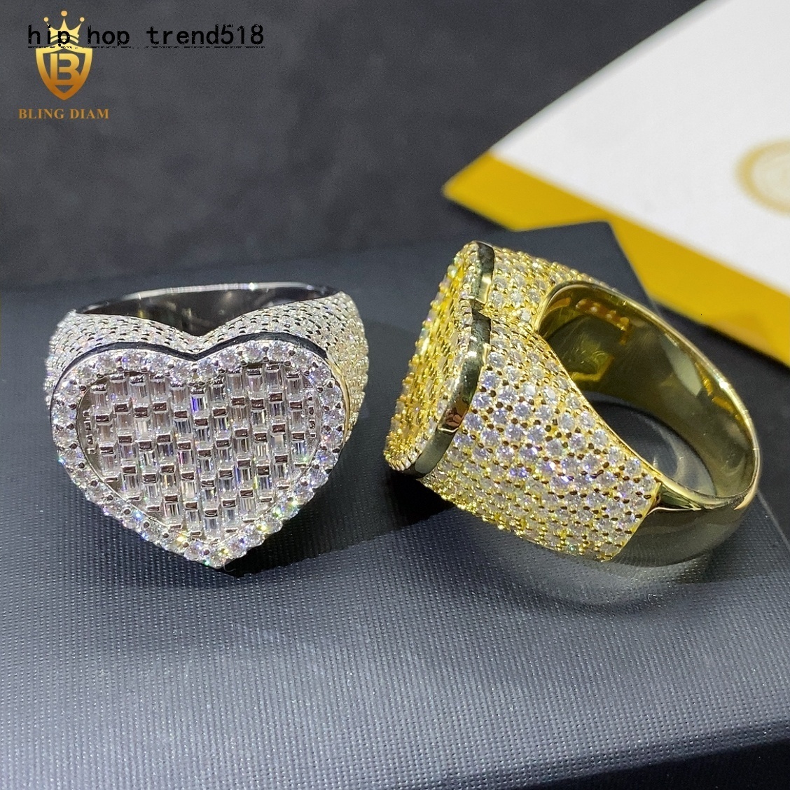 Iced Out Heart Ring Baguette Cut VVS Moissanite Ring D Color VVS Fine Moissanite Jewelry GRA Certified Moissanite Ring Hip Hop