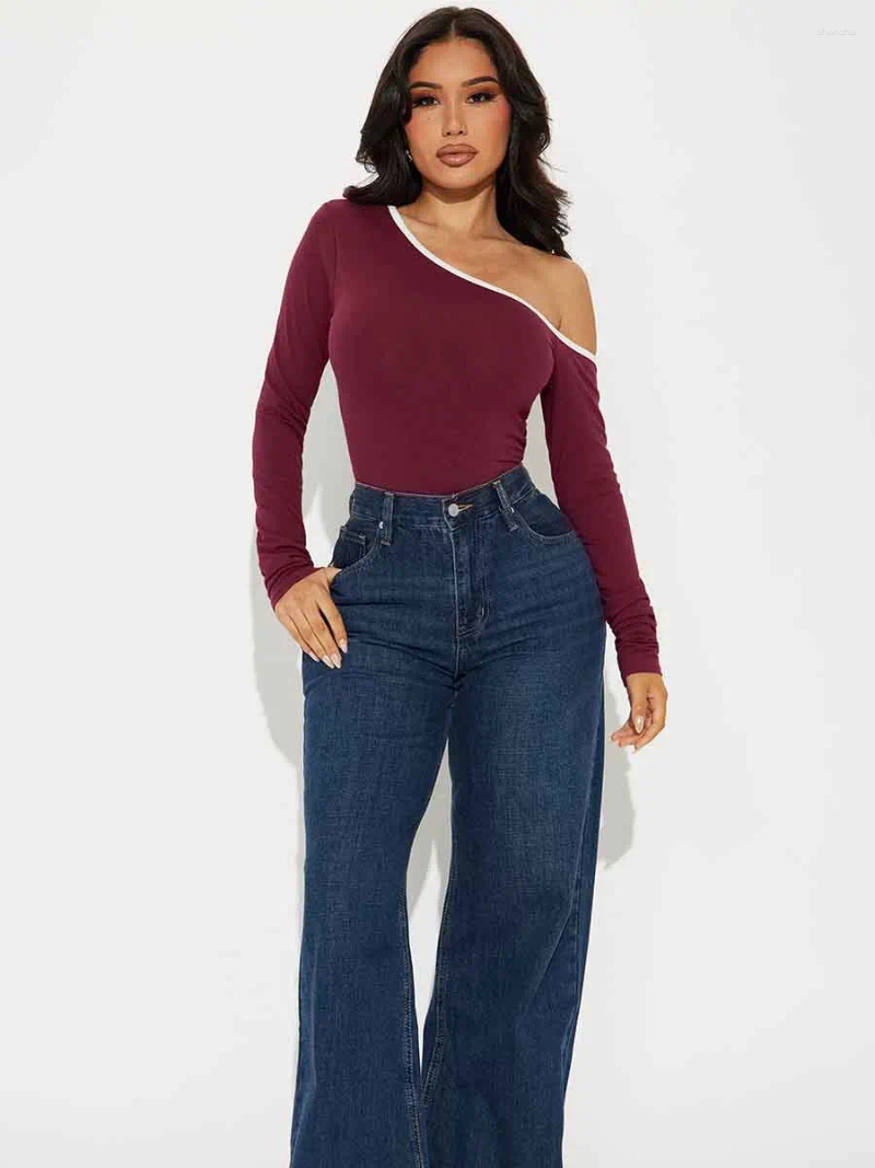 Women's Blouses Women Off The Shoulder Long Sleeve Top Blouse Casual Slant Collar Sexy Fitted Shirt