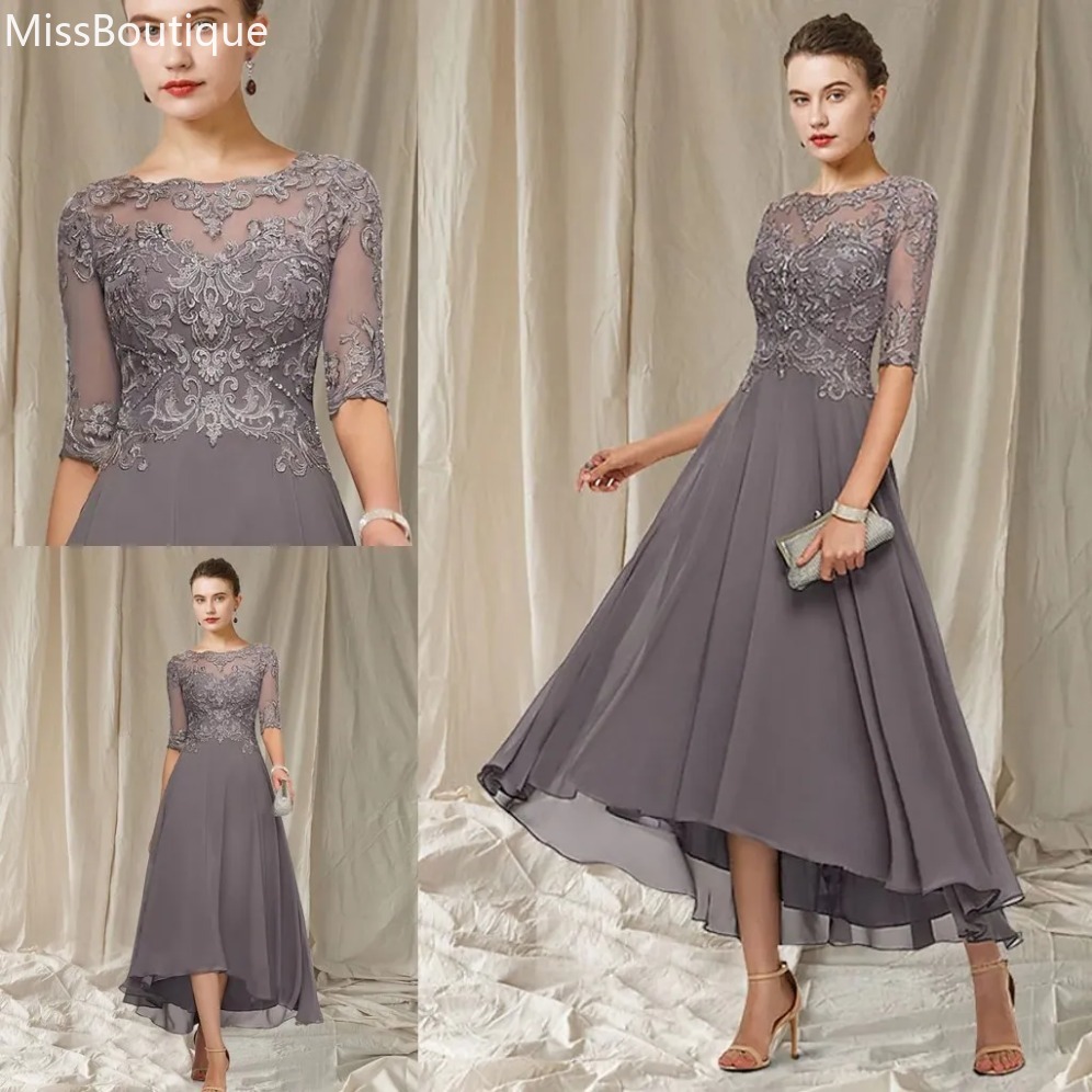 2026 Elegant A-Line Gray Mother of the Bride Dress Vintage Jewel Asymmetrical Ankle Length Chiffon Lace Half Sleeves Robe De Soiree Vestidos Fiesta 1229