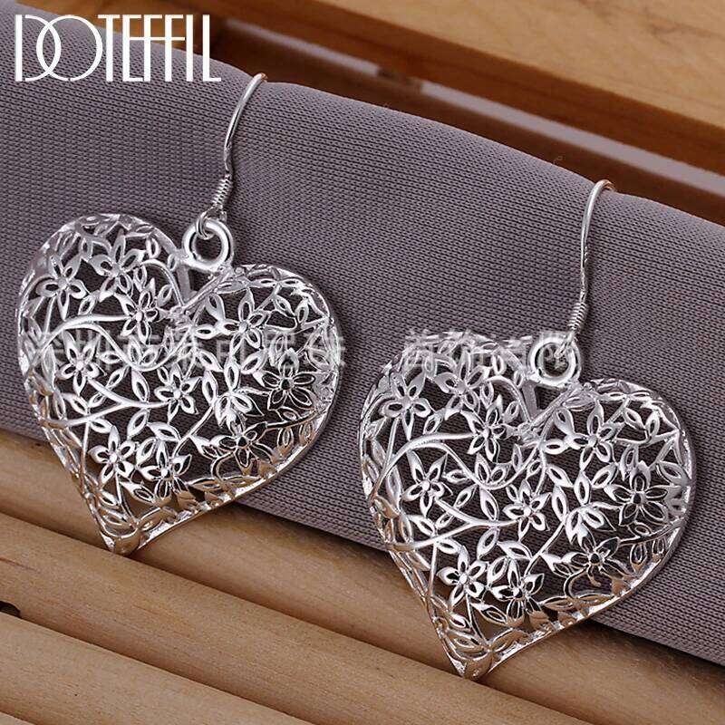 DOTEFFIL 925 Sterling Silver Hollow Heart Flower Woman Earrings Best Gift Wedding Engagement Jewelry