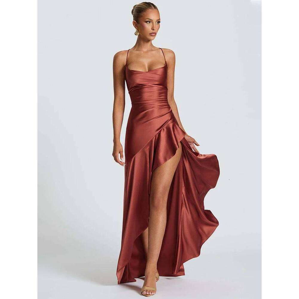 Mozision Satin Spaghetti Strap Ruffle Sexy Maxi Women Off-shoulder Sleeveless Backless Thigh High Split Club Party Dress