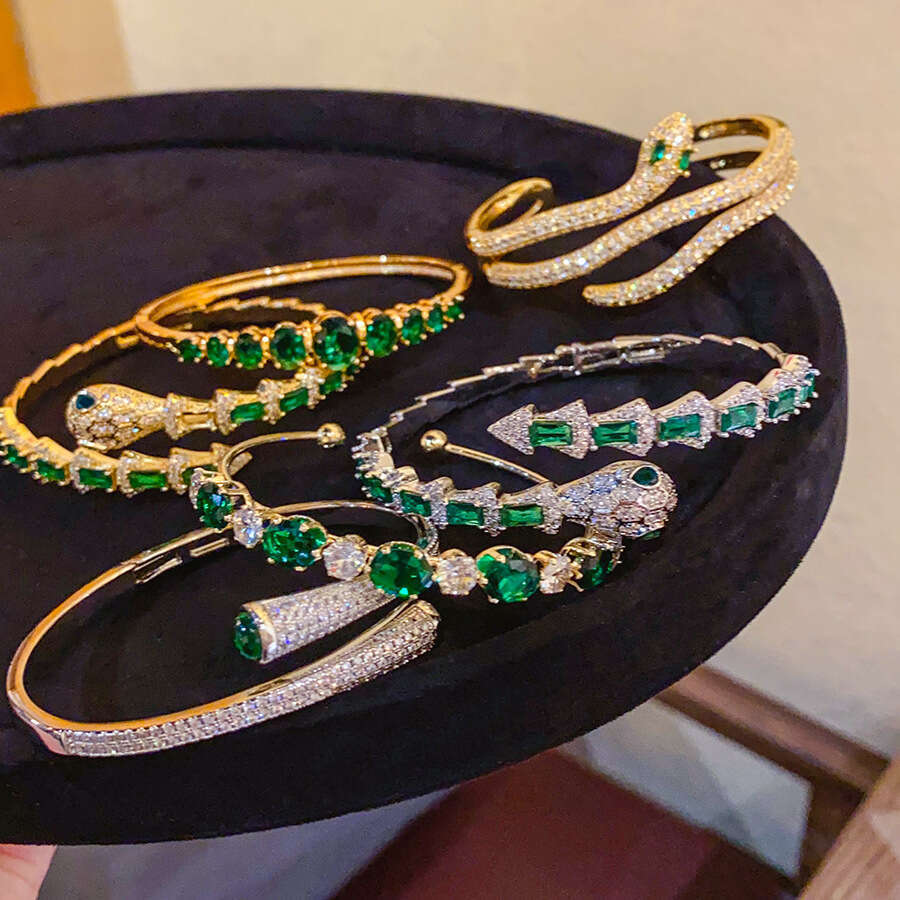 Super Shiny Light Luxury Style Zircon Snake-Shaped Geometric Oval Open Bracelet Unique Niche Temperament High-End Feel Women's Jewelry