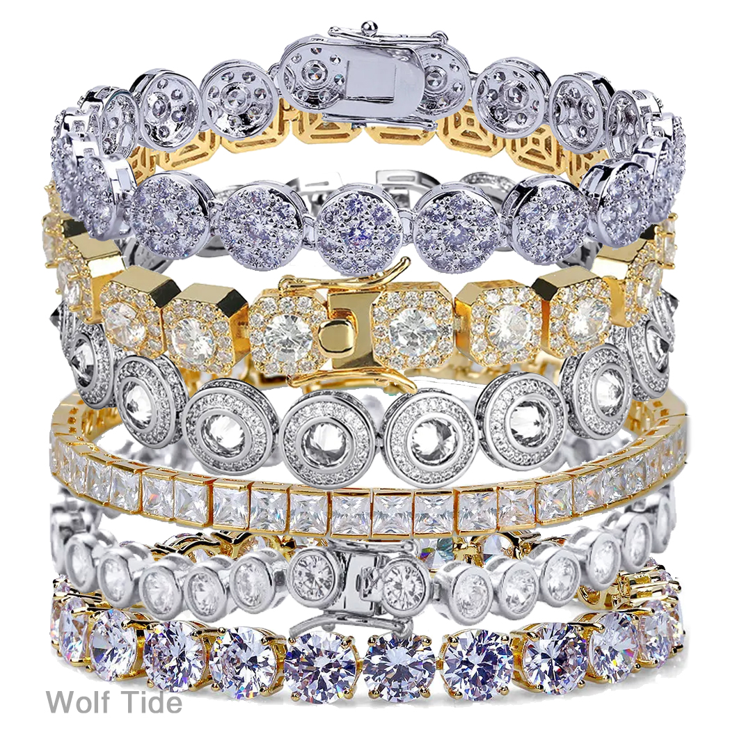 3-15mm Iced Out Tennis Chain Bracelet Gold Luxury Round Square Baguette CZ Stone Cubic Zirconia Full Diamond Hip Hop Rapper Designer Jewelry Homme Bij