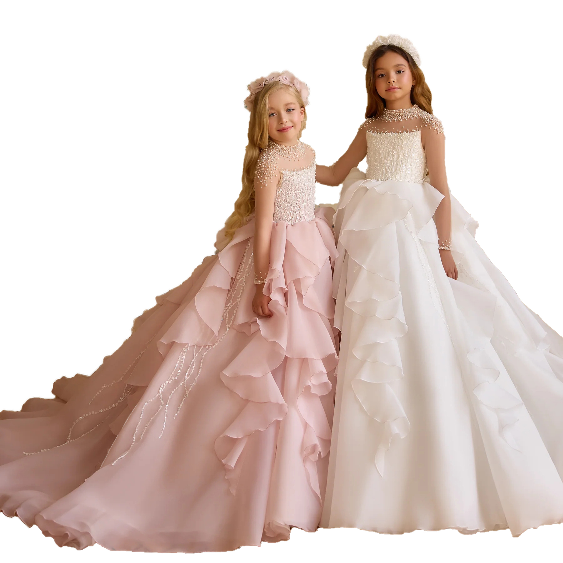 vestidos de primera comunion 2026 Illusion Long Sleeves pentelei 3804 Beaded Ruffle Blush Baby Kid Christening 1st Communion Dress for Little Child Flower Girl Gown