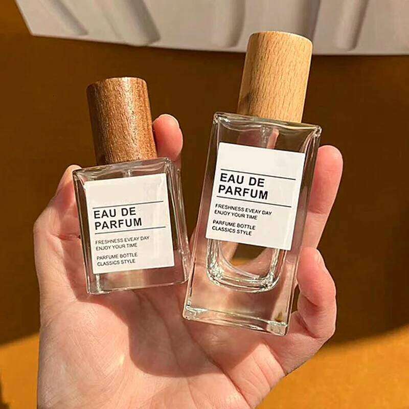 30ml 50ml Refillable Cosmetics Container Perfume Empty Glass Portable Travel Flat Square Spray Bottle Replacement Wooden Lid W260107