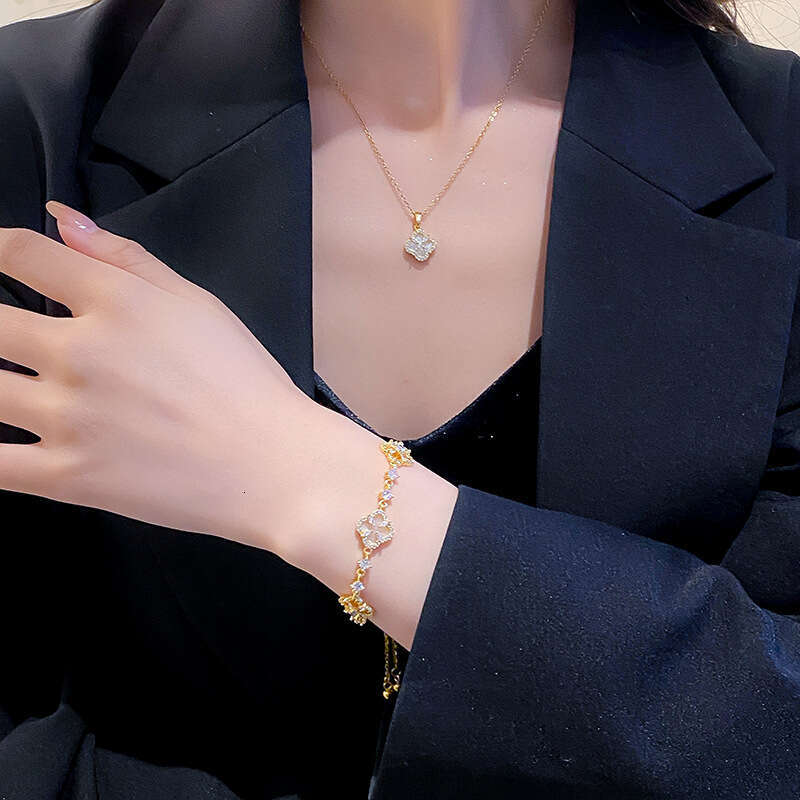 Real Gold Plated Four-Leaf Clover Necklace Women's Earrings Bracelet Jewelry Set Inlaid With Natural Shell Full Diamond Light Luxury Accessories