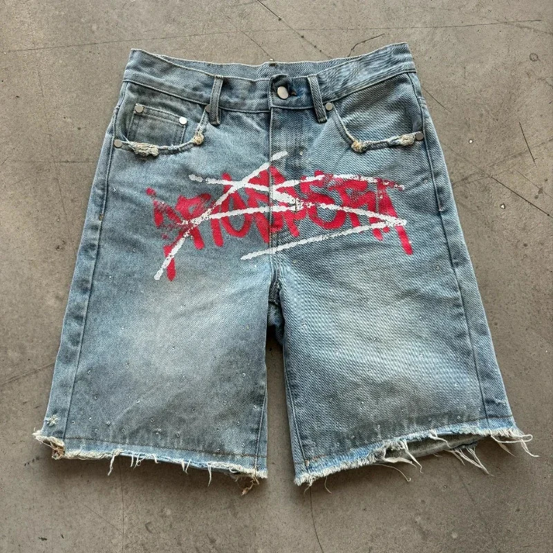 Jorts Rhinestone Y2K Graffiti Distressed Printed Denim Shorts Men Women Trend Retro Hip Hop Streetwear Unisex Baggy Short Pants 260106CJ