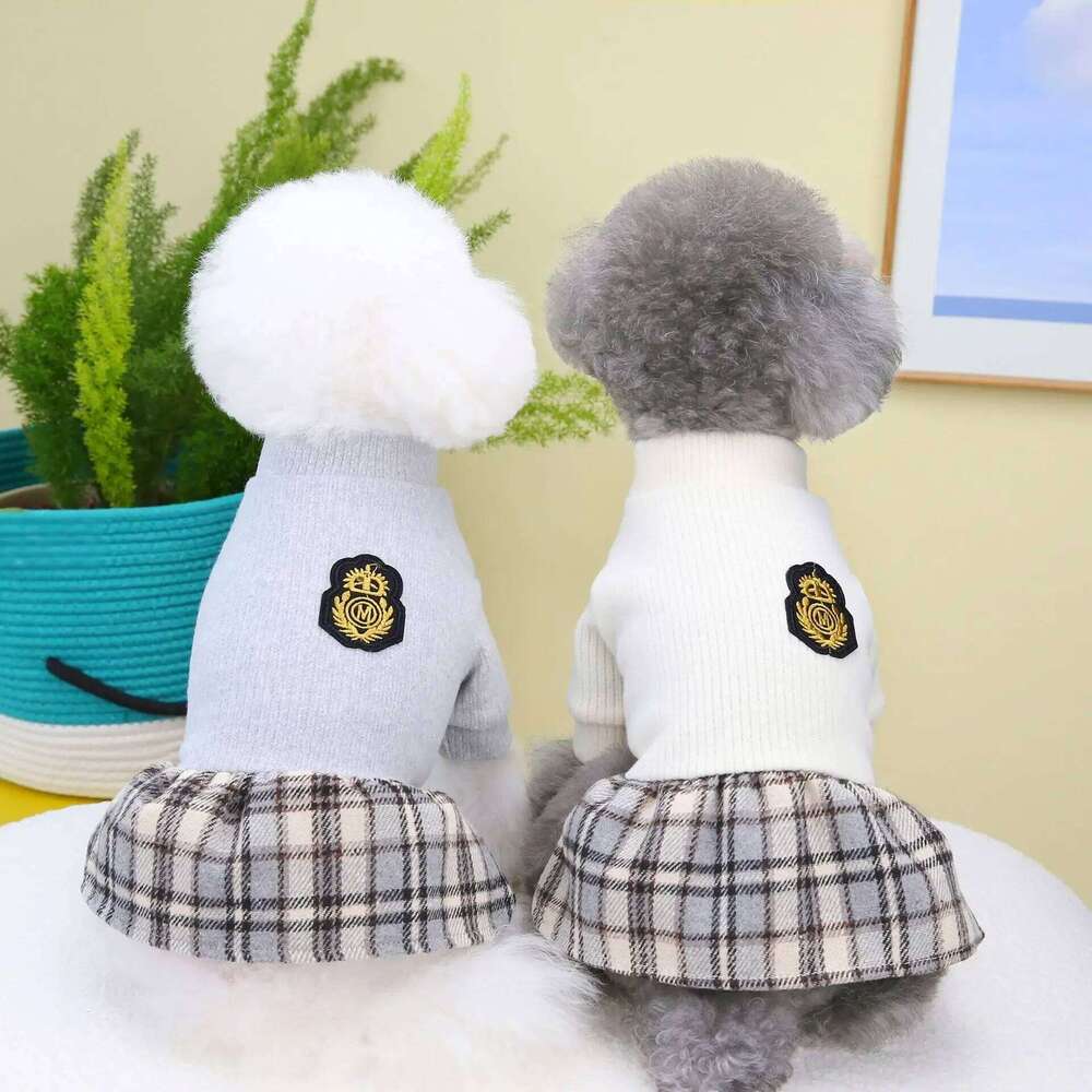 Knitted Top Splicing Short for Autumn and Sweaters Dog Teddy Cat Pet Clothes Winter Checkered Skirt 25T1231 26T0107