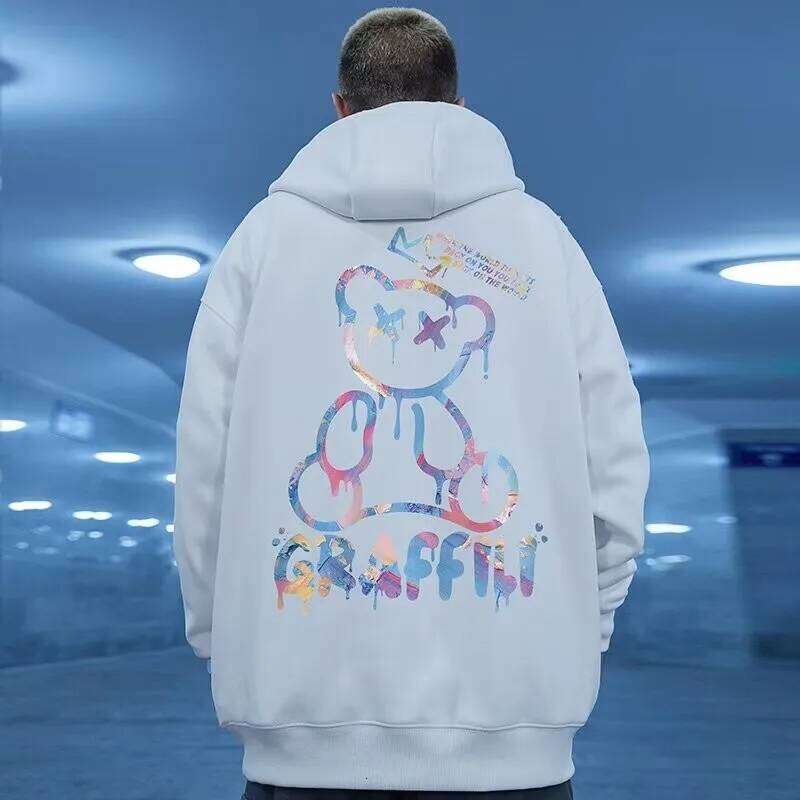 M-8XL Trendy American Style Starry Sky Graffiti Bear Print Autumn/Winter Warm Jacket Men's Hoodie XJ260107
