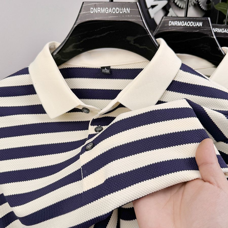 Luxury Brand Designer Clothes 2025 New Striped Light Luxury Casual Mens Short Sleeve Turn-Down Collar Polo Summer Trendy Mens High-End Shirt T-Shirt