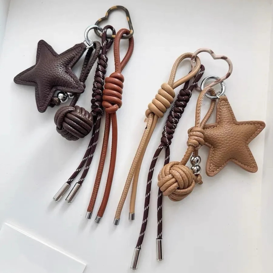 Leather Star Keychain Pentagram Car Keyring with Woven PU Leather Rope Ball Pendant Creative Bag Charms 260104