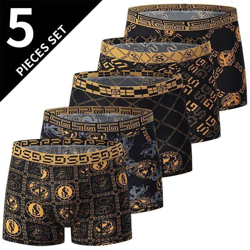 5-piece Set Of Black Gold Printed Men's Underwear Quick Drying Breathable Comfortable Elastic Casual Fashionable And Trendy C260107