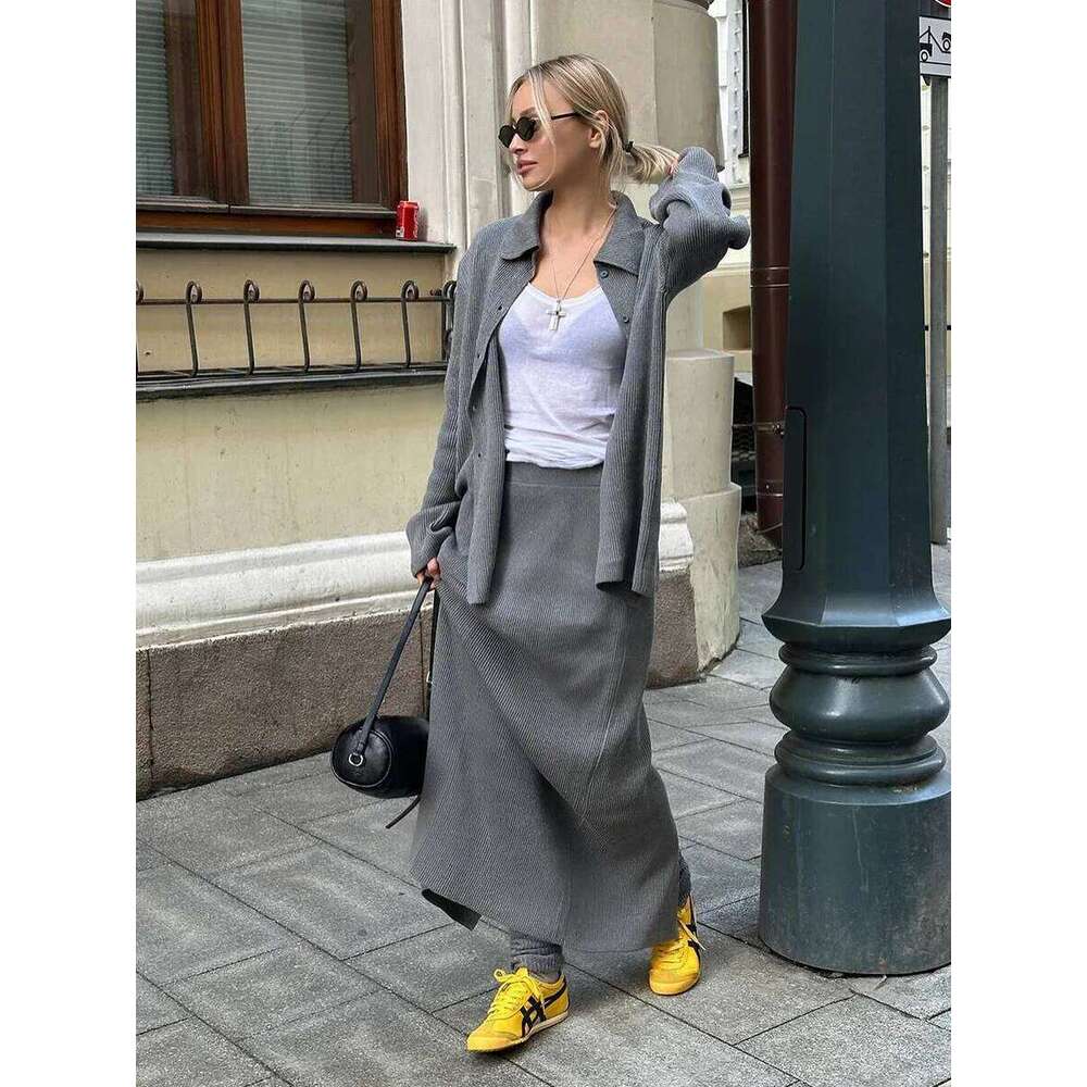 Solid Knitted Outfit Autumn Women Long Sleeve Single Breasted Coat+High Waist Loose Knee Length Skirt Winter Two Piece Set MAKOUFEI