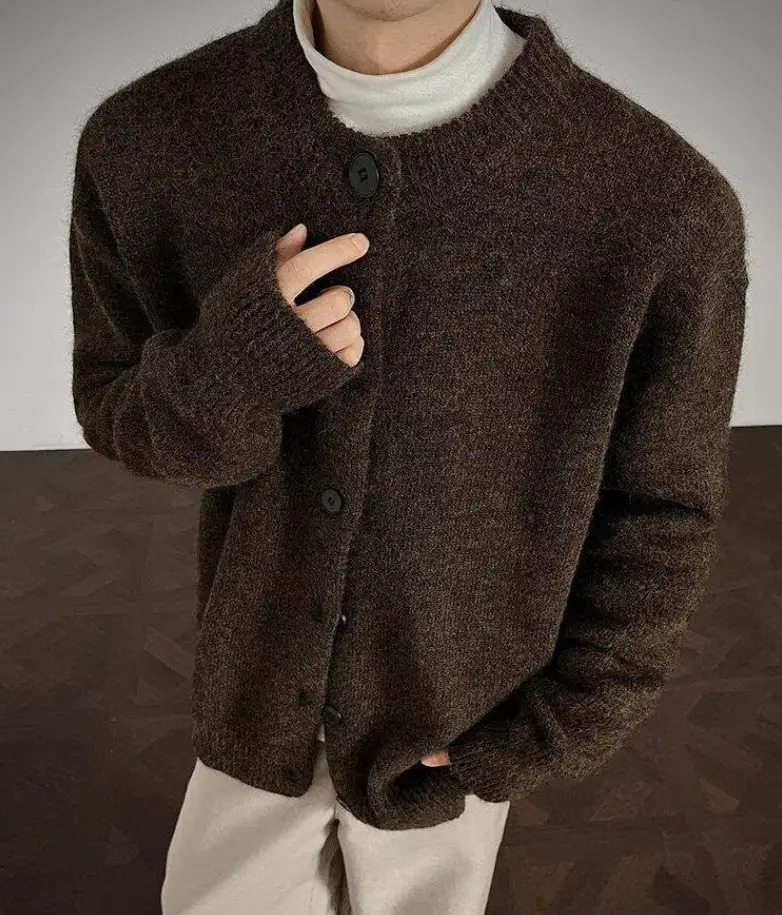 Knitted sweater mens cardigan Collarless jacket Men Classic autumn winter casual warm loose Street Knitwear 260106