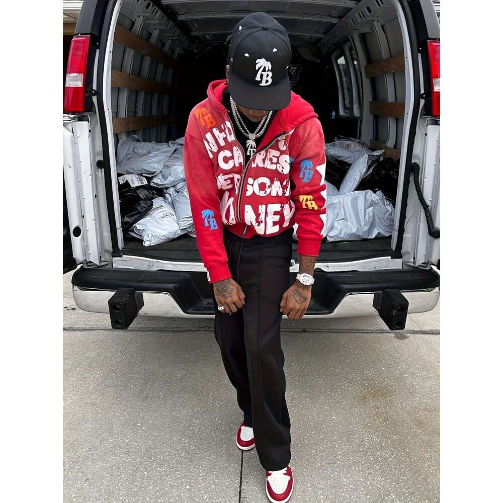 Unisex Y2k Streetwear Zip Hoodie With "Who Cares Get Some Money" Print Colorful Dollar Sign Logo Full-Zip Closure, V-Neck, Long Sleeve, A-Li