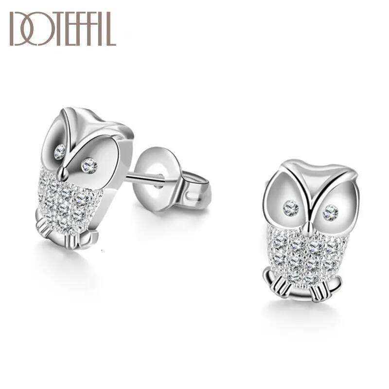 DOTEFFIL 925 Sterling Silver Owl AAA Zircon Earring For Woman Fashion Wedding Engagement Party Jewelry