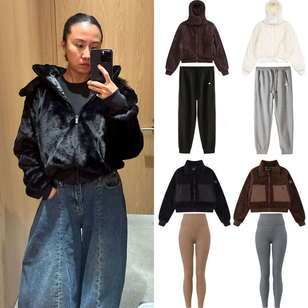New arrival Clothes Lamb Fleece Stand Up Thick Warm Coat High Waist Yoga Leggings Alonessities Jacket Women Pant Sets Alonessities women sweat set yt