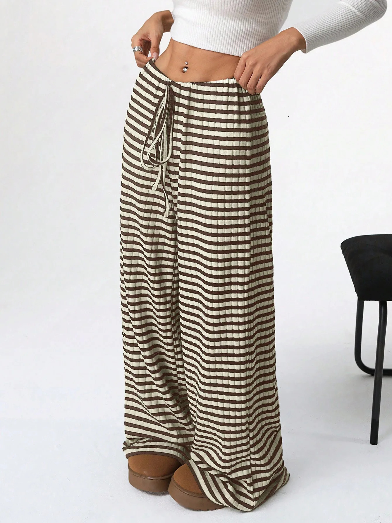 2025 autumn and winter womens casual striped solid color loose wide leg straight pants 260104