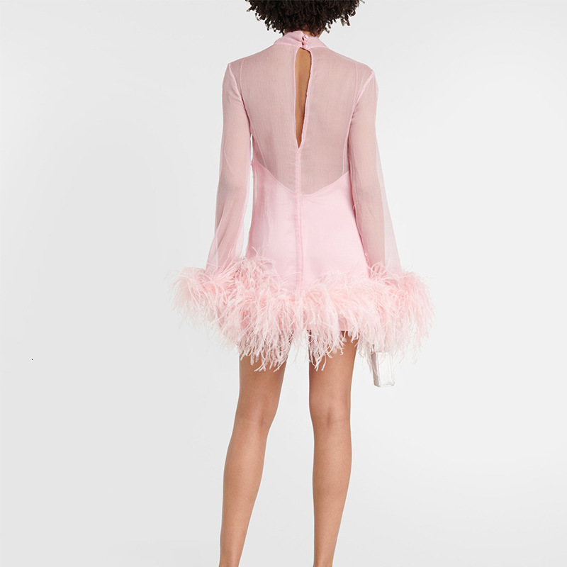 Basic Casual Dresses TRAF For Women 2023 Summer Woven Mini Dress Semi Sheer Feather Long Sleeve Short Party Evening Celebrity 231101