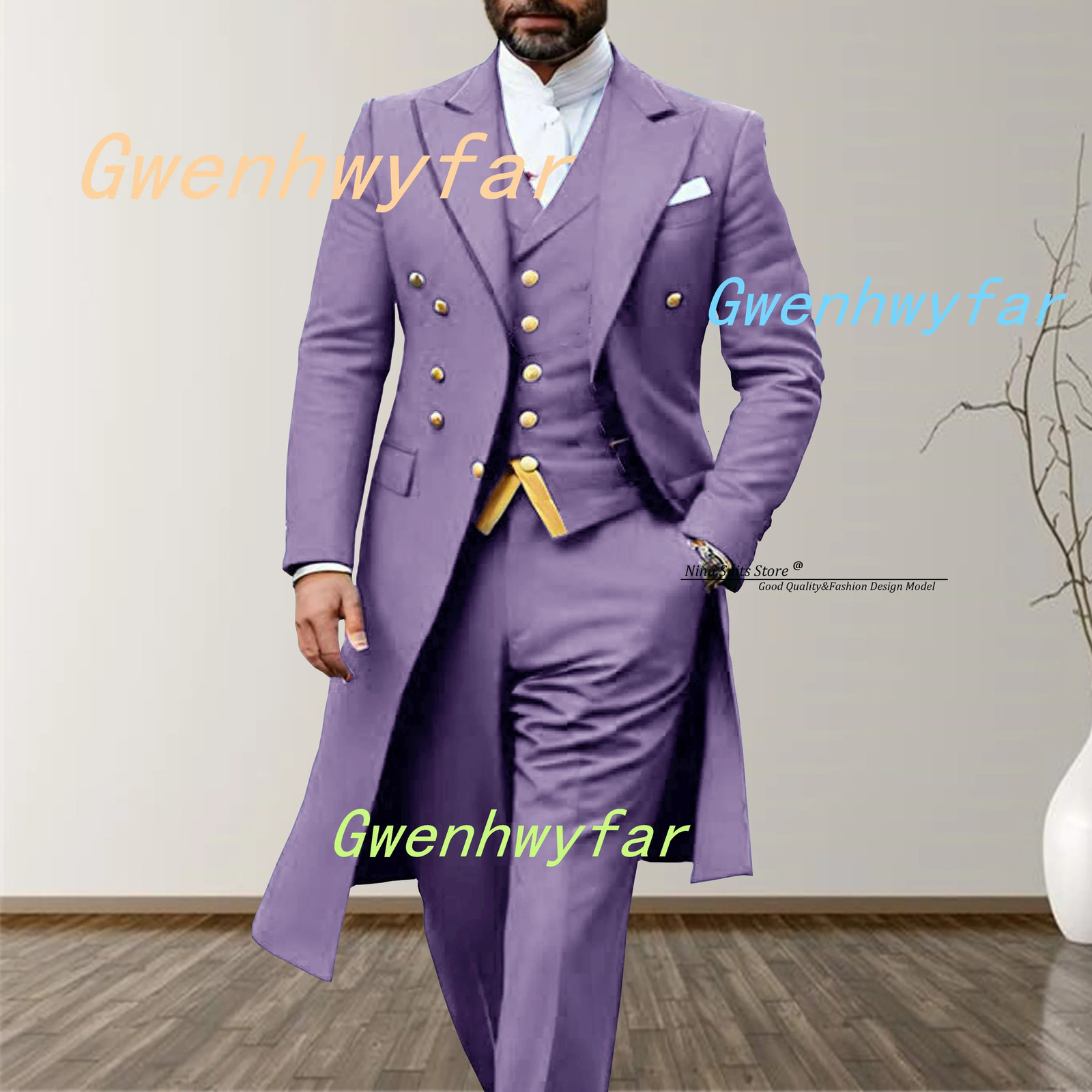 Gwenhwyfar 2025 Elegant Long Mens Suits 3piece set of Turquoise Wedding Costume with Golden Stitching Vest Casual Pants 260106 - view 6