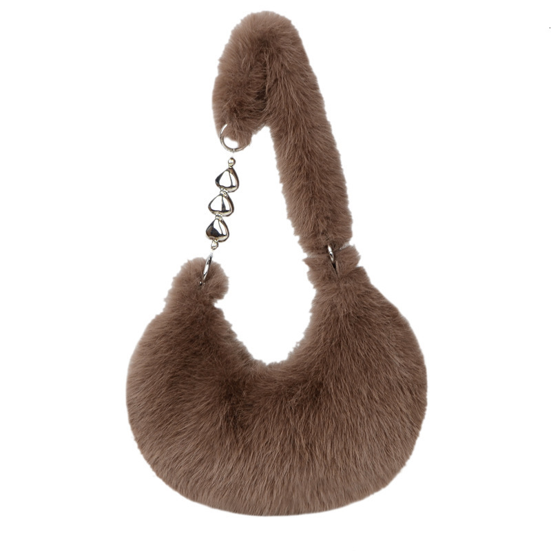 Autumn Winter Bag for Women Furry Heart Chain Korean Style Versatile Zipper Large Capacity Crossbody Shoulder Handbag Sweet Beaded