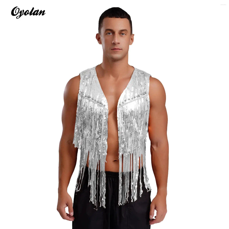 Men's Tank Tops Mens Rivets Fringe Sequin Cowboy Waistcoat Open Front Sleeveless Jacket Shiny Cardigan 70s Disco Club Party Hippie Costume