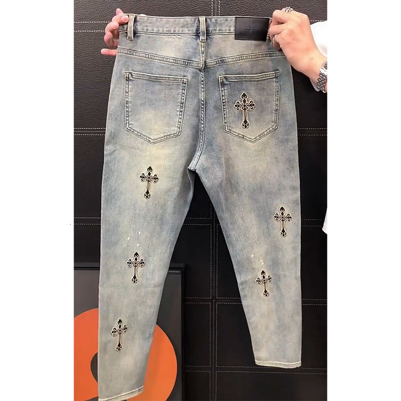 Designer Clothes Summer New Loose Straight Jeans For Men, Stylish Luxury Brand And Unique Cross Embroidery Casual Pants, Versatile Long Pants