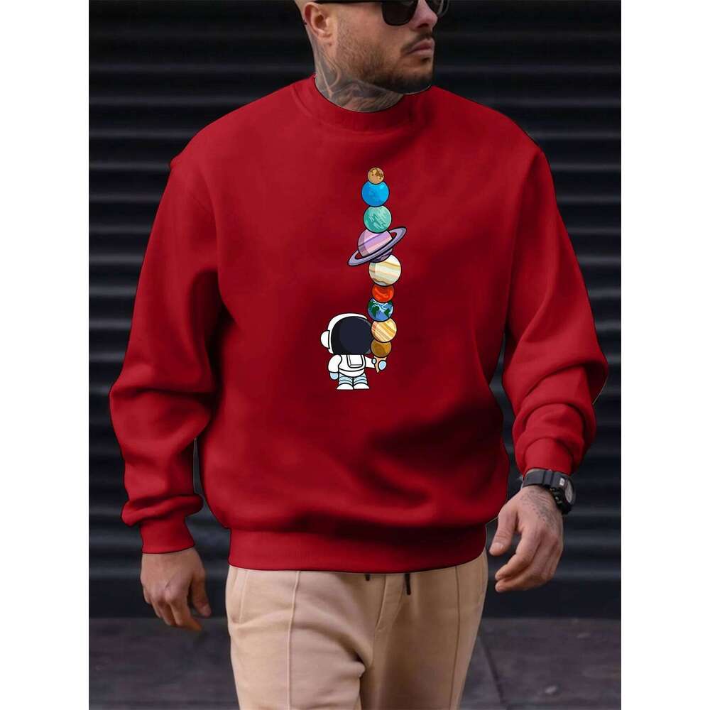 Men's autumn and winter fashionable casual loose astronaut planet graphic fleece long sleeved round neck sweatshirt X260107