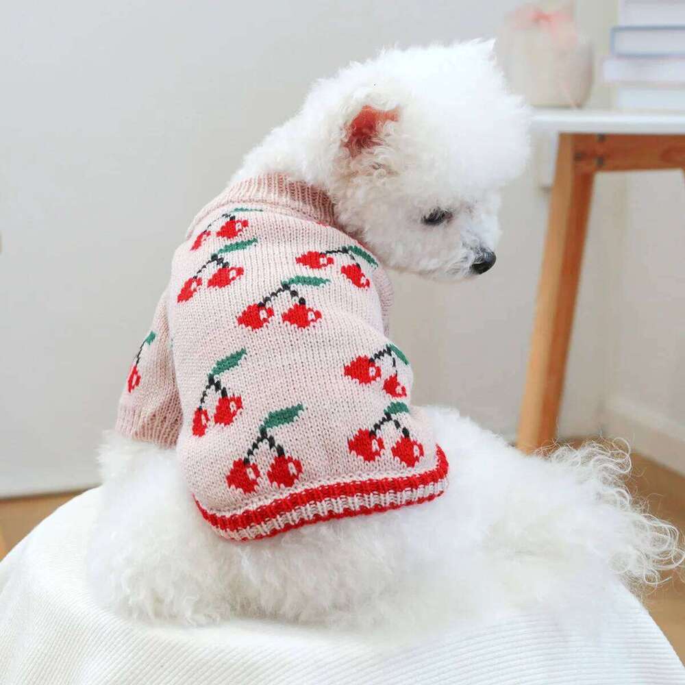 1PC Pet Clothes Dog Cat Thickened Warm Winter Autumn Pink Cherry Elastic Jumper Knitted Sweater 26H0107