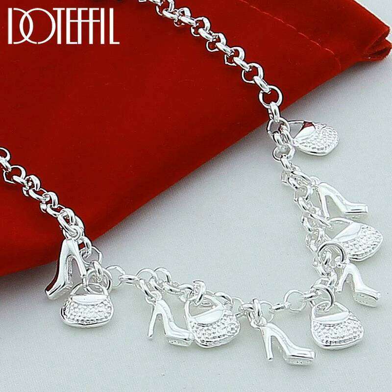 DOTEFFIL 925 Sterling Silver High-Heeled Shoes Bag Pendant Necklace For Woman Fashion Wedding Engagement Party Charm Jewelry