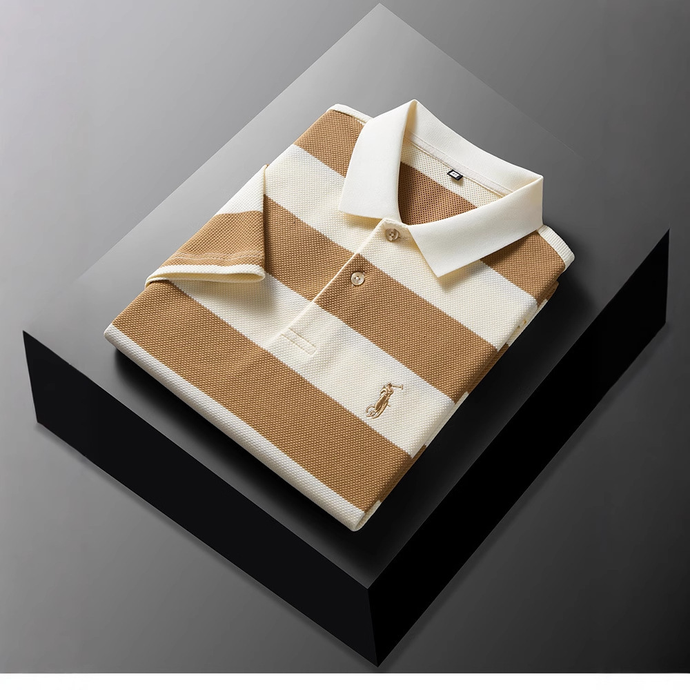 2026 Luxury Brand Designer Clothing Summer Men's New Turn-Down Collar Loose Short Sleeve T-Shirt Wide Stripe Embroidery Fashion Business Middle-A