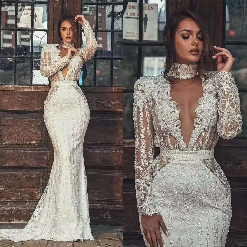 Modern Ivory Mermaid Evening Dresses 2025 Hig Neck Long Sleeves Bridal Gown Pearls Lace Backless Sweep Train Customized BC19853 D29