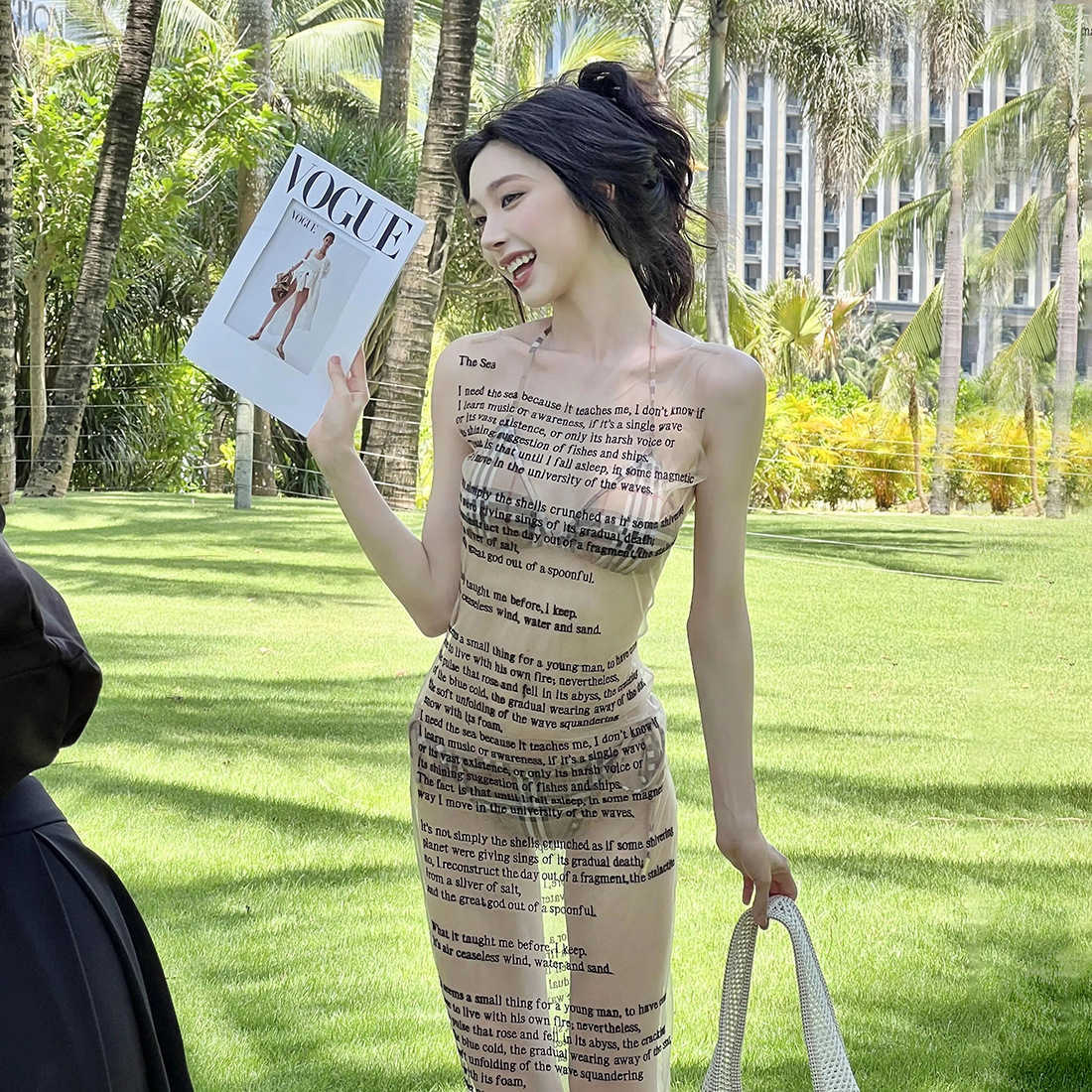 Summer New Arrivals Women's Fashion Sexy Hot Girl Mesh Sheer Print Long Dress