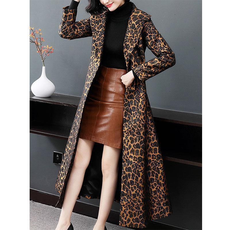 Elegant side snap collar full sleeve jacket with retro leopard print back split womens long coat womens coat 241019