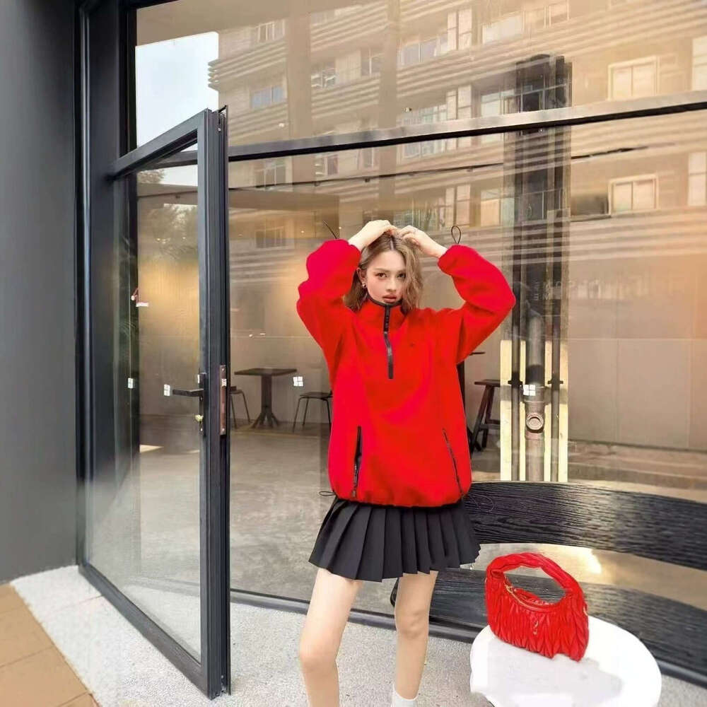 Autumn Winter New Year Red Logo Embroidered Drop Shoulder Half-Zip Fleece Sweatshirt