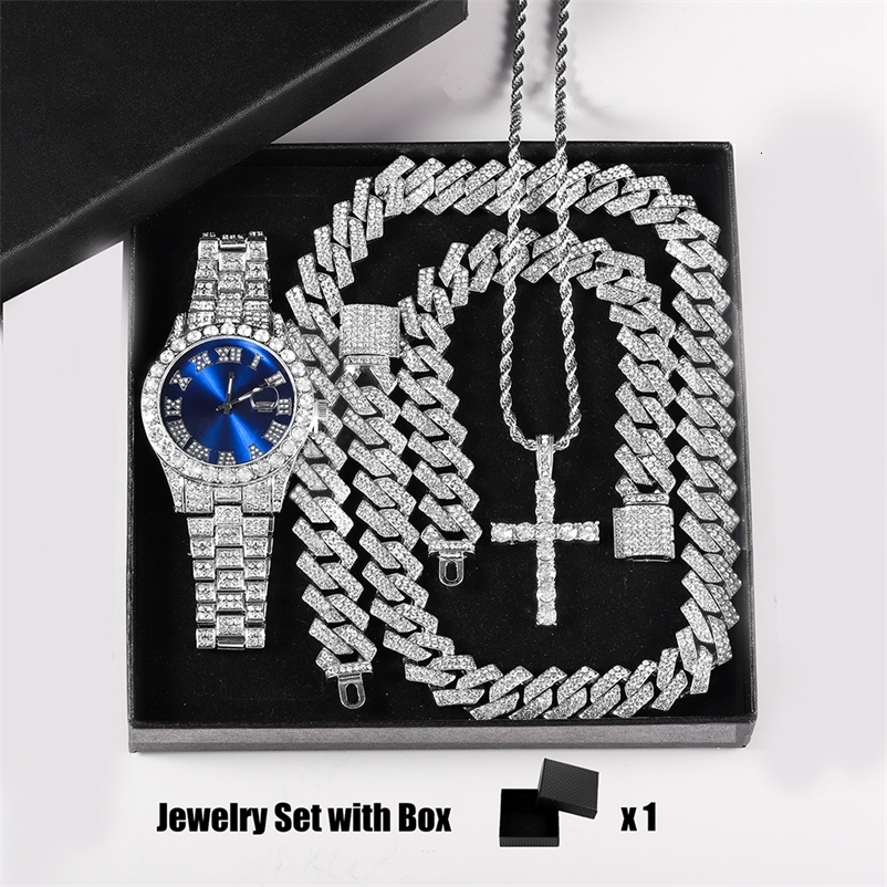 Quartz Watch Set Gift Box Cuban Necklace Bracelet Cross Classic Full Diamond Watch Shining Gift giving Festival Chain Hip 251224