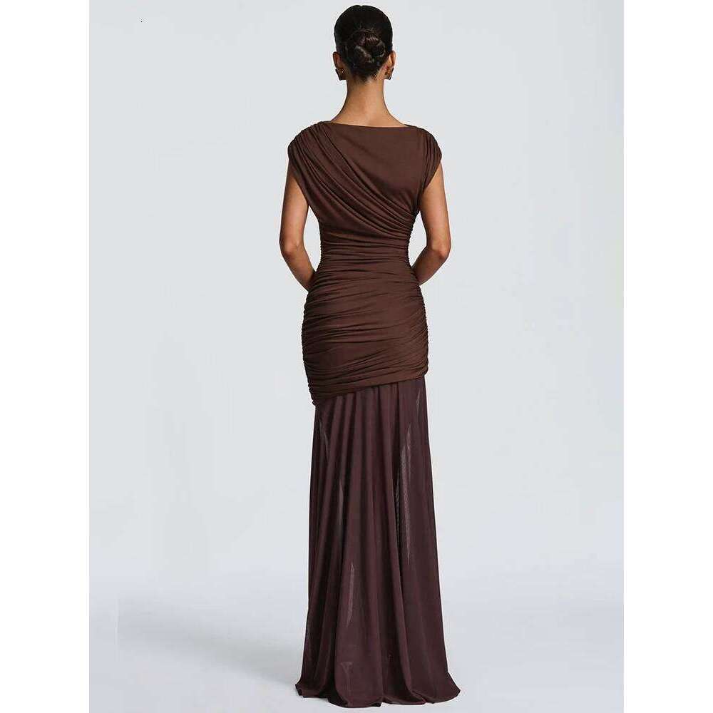Mozision Sleeveless Ruched Sexy Maxi Dress Women Gown Elegant Patchwork Mesh O Neck High Waist Skinny Club Party Long Dresses