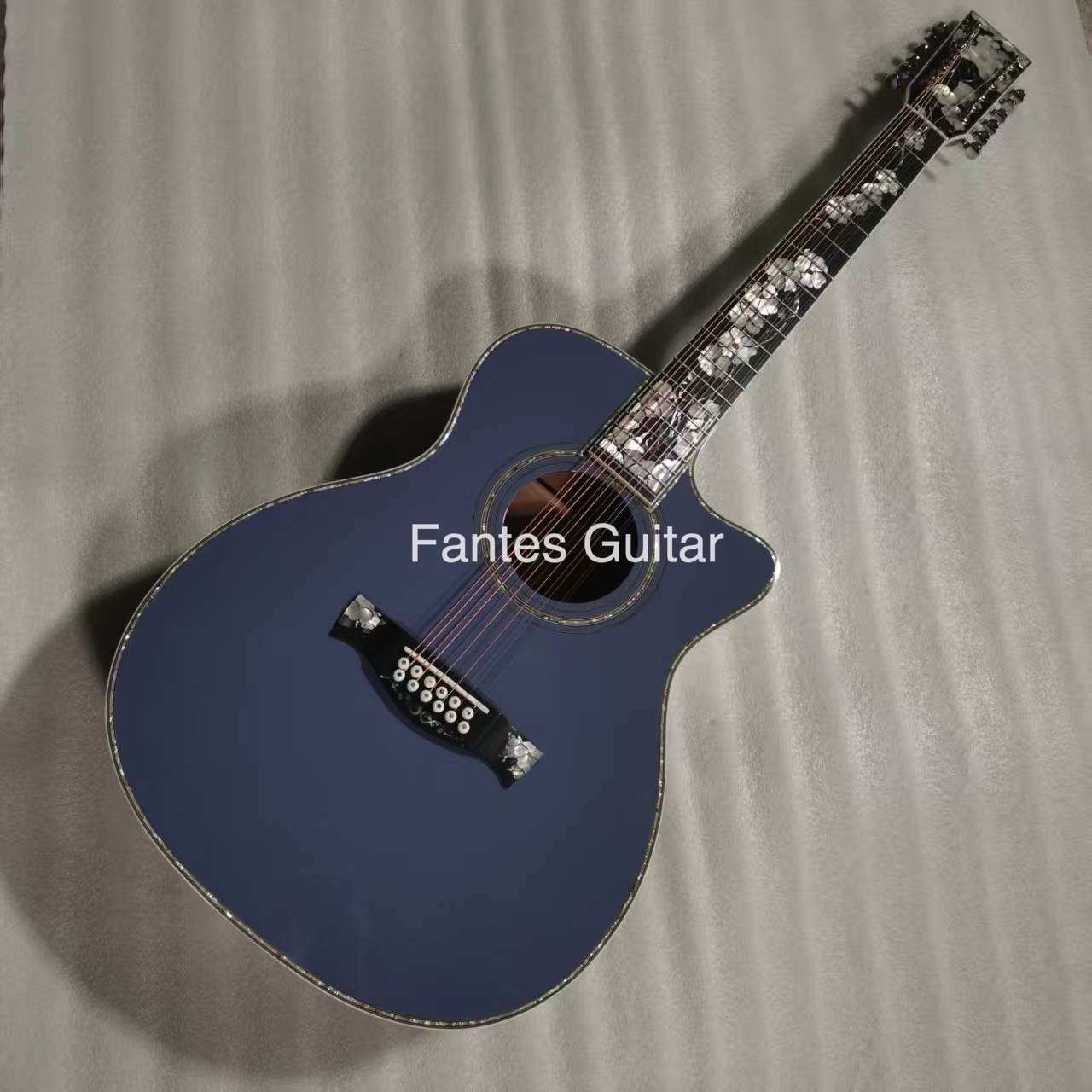 Custom OM Body 12 Strings Solid Spruce Top Water Ripple Solid Back Side Cutaway Acoustic Guitar