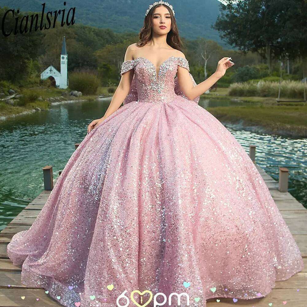 Pink Glitter Crystal Beading Sequined Quinceanera Dresses Ball Gown Off The Shoulder Bow Sweet 15 Anos Mexican Customized